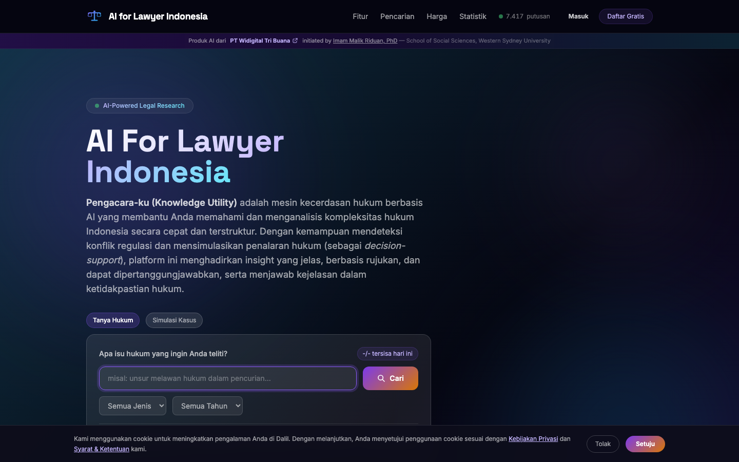 Tampilan Dalil — Asisten Hukum AI untuk profesional hukum Indonesia
