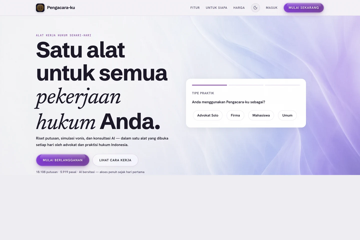 Tampilan Pengacara-ku — Asisten Hukum AI untuk profesional hukum Indonesia